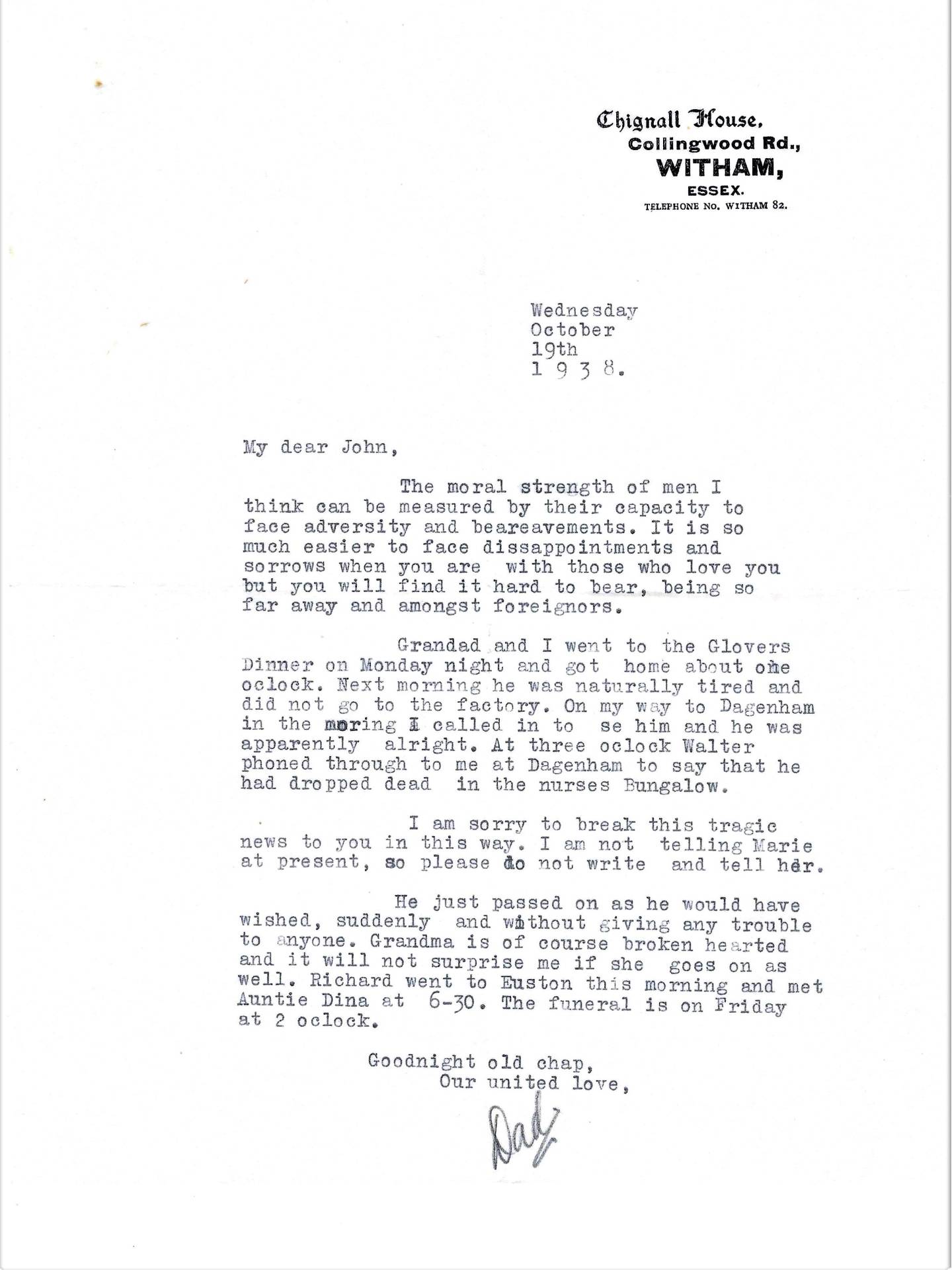 Leslie's letter to John 19th October 1938