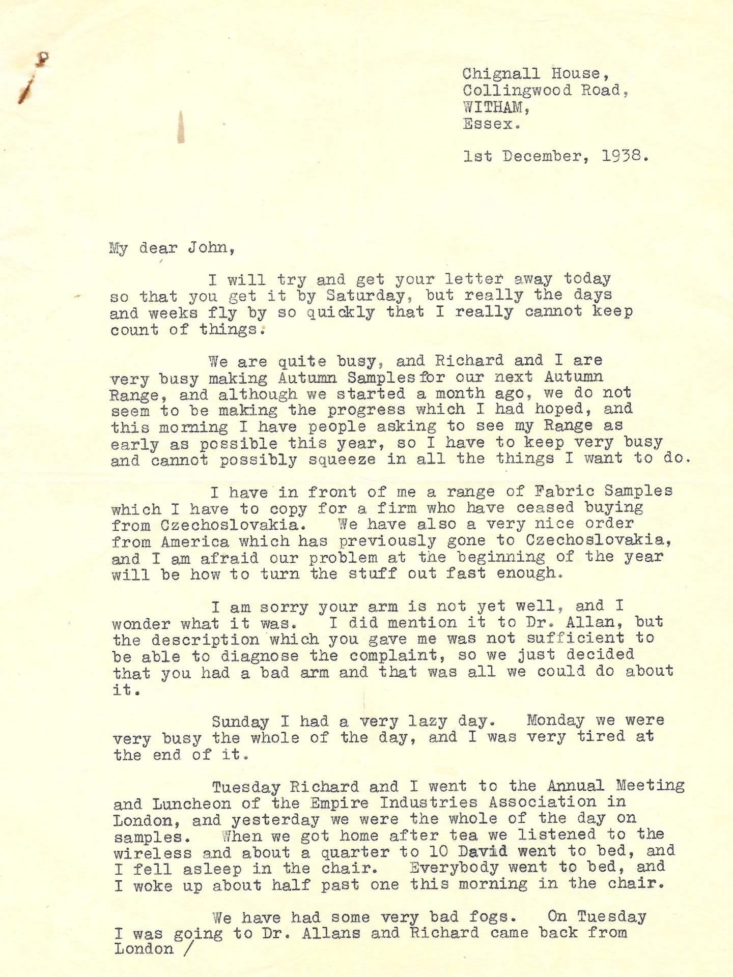 Leslie's letter to John 1st December 1938