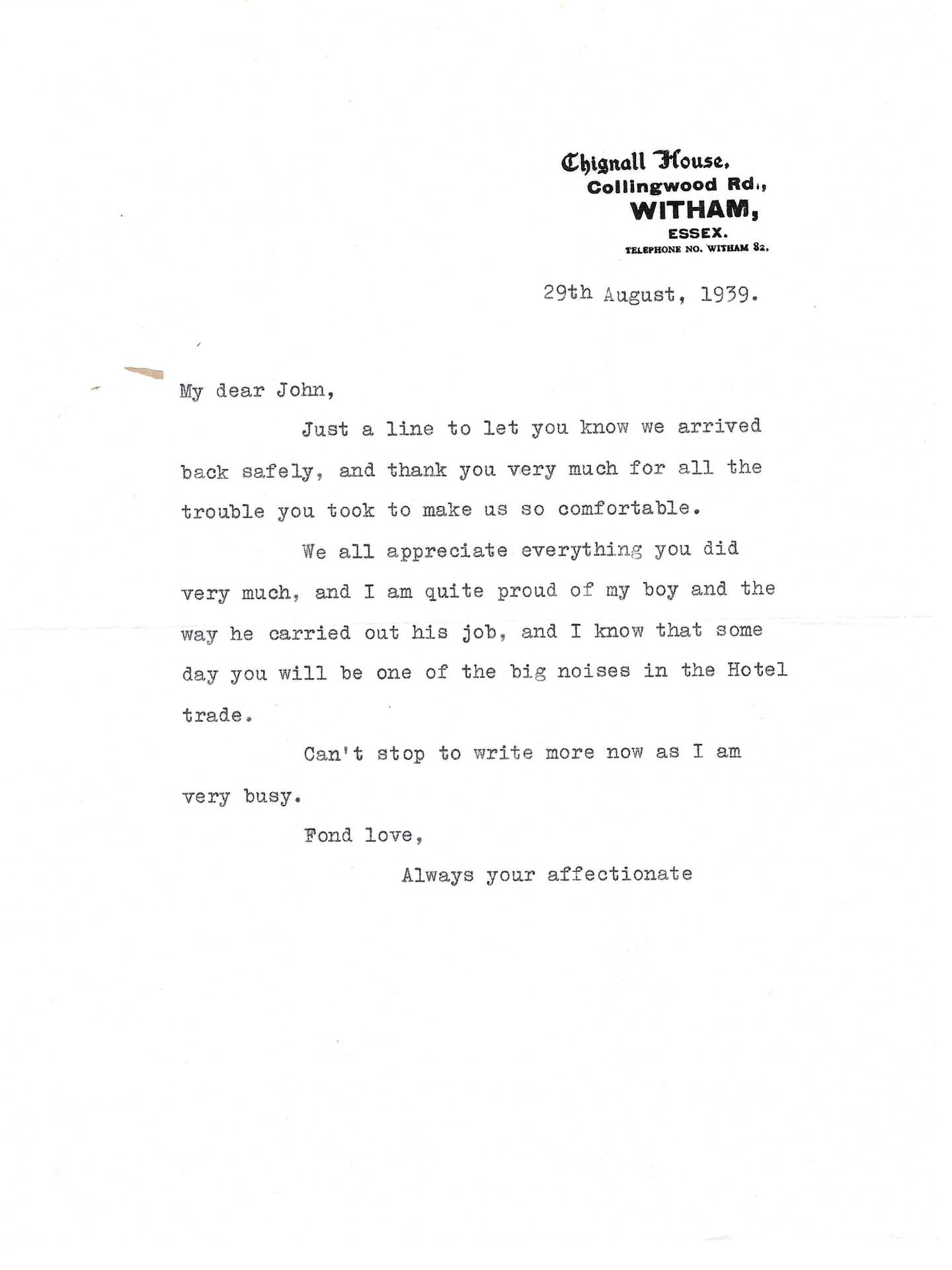 Leslie's letter to John 29th August 1939