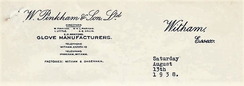 W Pinkham & Son headed paper 1938